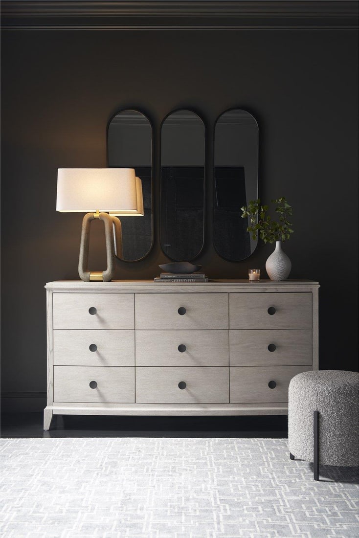 Universal Coalesce Dresser Cedar Drawers Rolling Fog Finish: Universal Coalesce Dresser Cedar Drawers Rolling Fog Finish Introducing the Elegant Coalesce Dresser, a perfect blend of style and functionality. This dresser features a beautiful Rolling Fog finish,