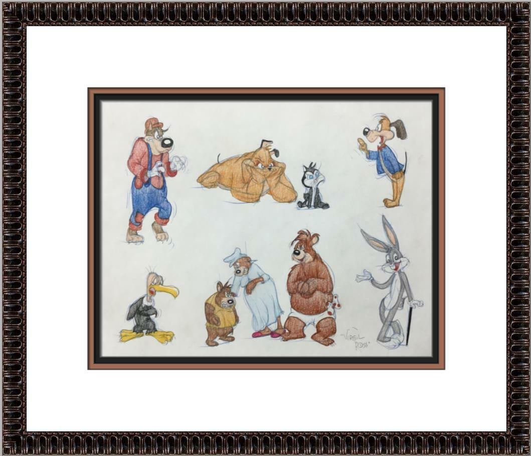 Virgil Ross Signed Looney Tunes Model Sheet Framed Artwork: Virgil Ross Signed Looney Tunes Model Sheet Framed Artwork This original model sheet drawing features iconic characters from the Looney Tunes franchise, including Bugs Bunny, The Three Bears, Beaky Bu
