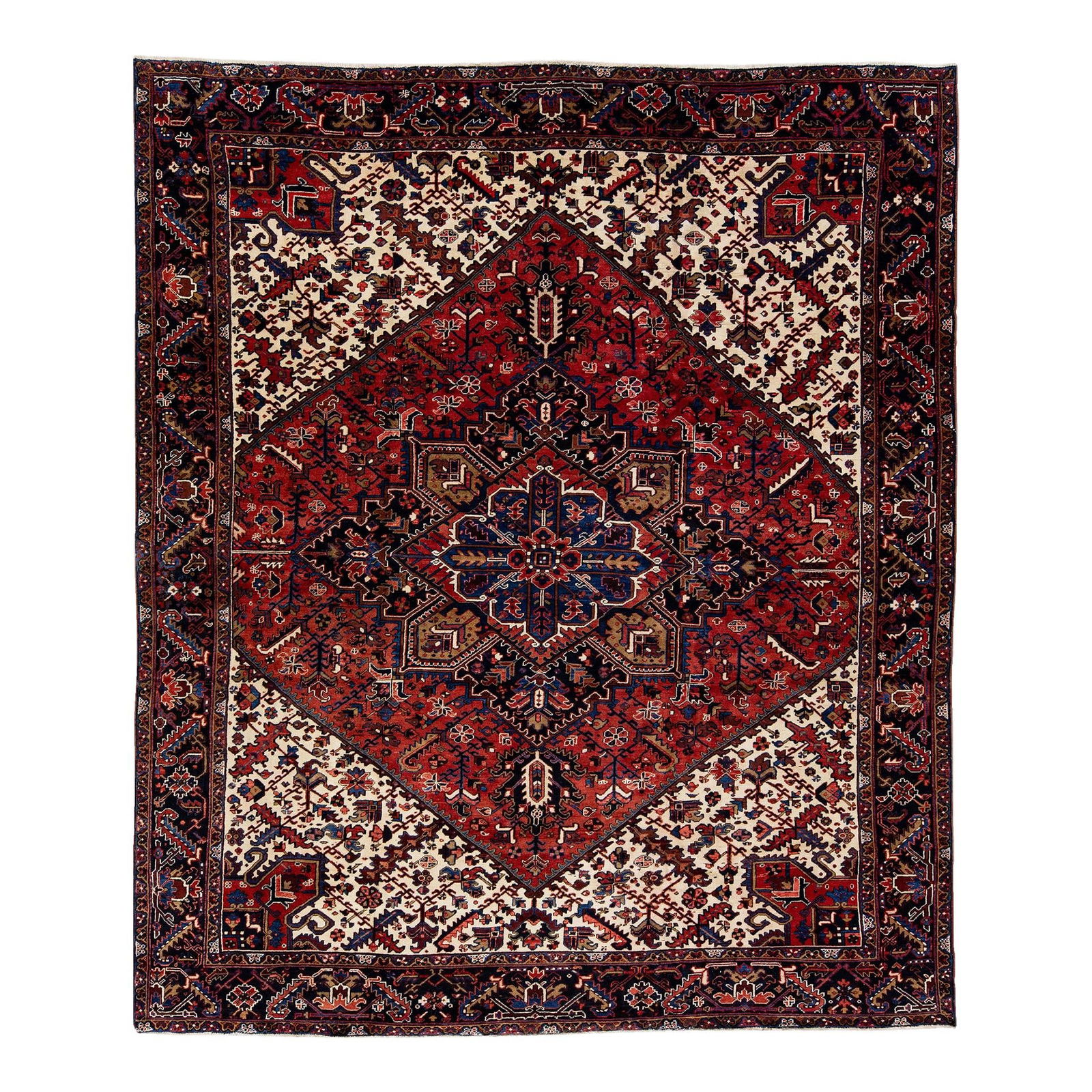 Vintage Heriz Hand-Knotted Red Wool Rug 11'8 x 14' Medallion Design: Vintage Heriz Hand-Knotted Red Wool Rug 11'8 x 14' Medallion Design Discover the elegance of this vintage Heriz hand-knotted wool rug, featuring a striking red field adorned with a beautiful geometric