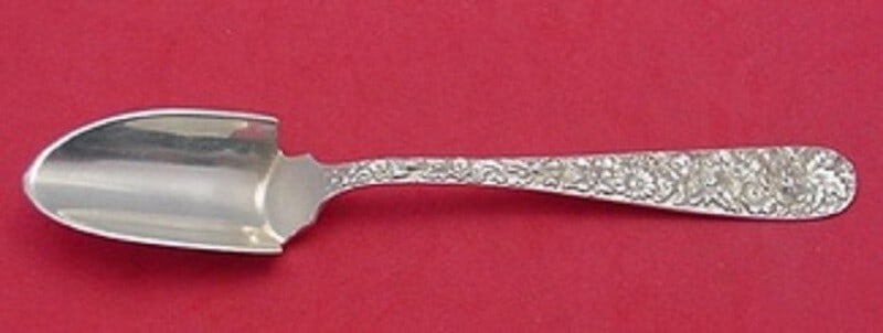 Kirk Repousse Sterling Silver Cheese Scoop 7 Inch Monogrammed: Kirk Repousse Sterling Silver Cheese Scoop 7 Inch Monogrammed This exquisite 7" cheese scoop features the elegant Repousse pattern by Kirk, crafted from high-quality sterling silver. It showcases a cl