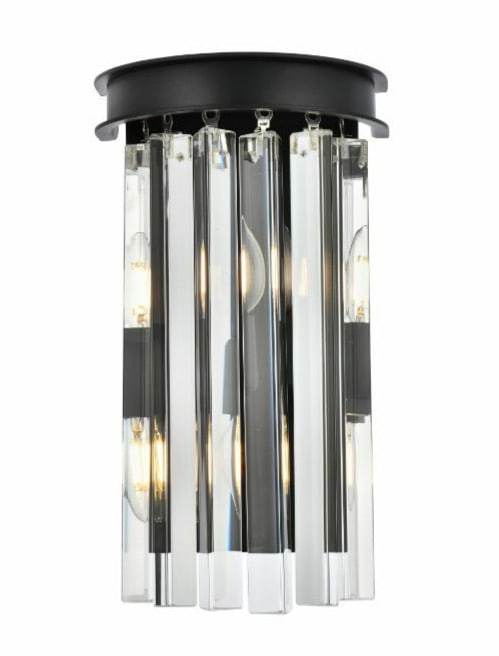 Sydney 2-Light Matte Black and Crystal Wall Sconce for Modern Interiors: Sydney 2-Light Matte Black and Crystal Wall Sconce for Modern Interiors This modern wall sconce features a matte black finish and Royal Cut clear crystal accents, offering a stylish lighting solution