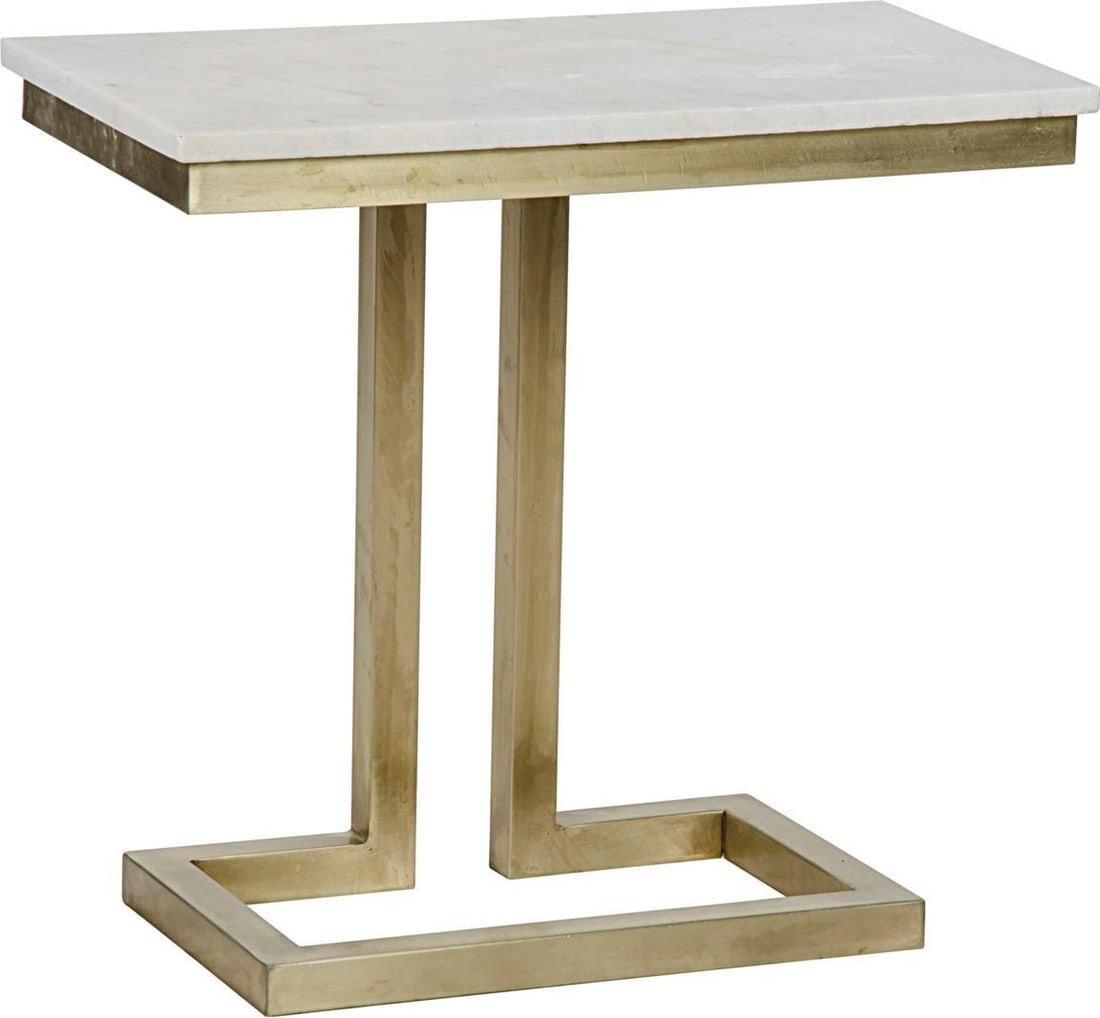 Alonzo Side Table with Bianco Crown Marble and Brass Finish: Alonzo Side Table with Bianco Crown Marble and Brass Finish This Vintage Style Alonzo Table exudes elegance with its antique brass finish and quartz accents. Crafted from Bianco Crown Marble and indus