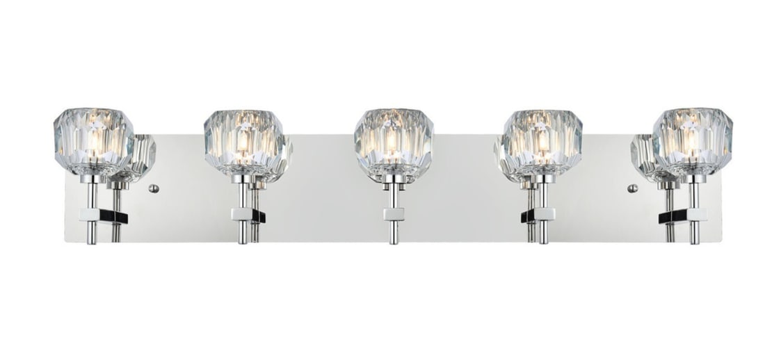 Graham 5-Light Chrome Crystal Wall Sconce Modern Fixture: Graham 5-Light Chrome Crystal Wall Sconce Modern Fixture Elevate your space with this stunning 5-Light Chrome Wall Sconce Fixture from the Graham Collection. Featuring clear crystal shades, this moder
