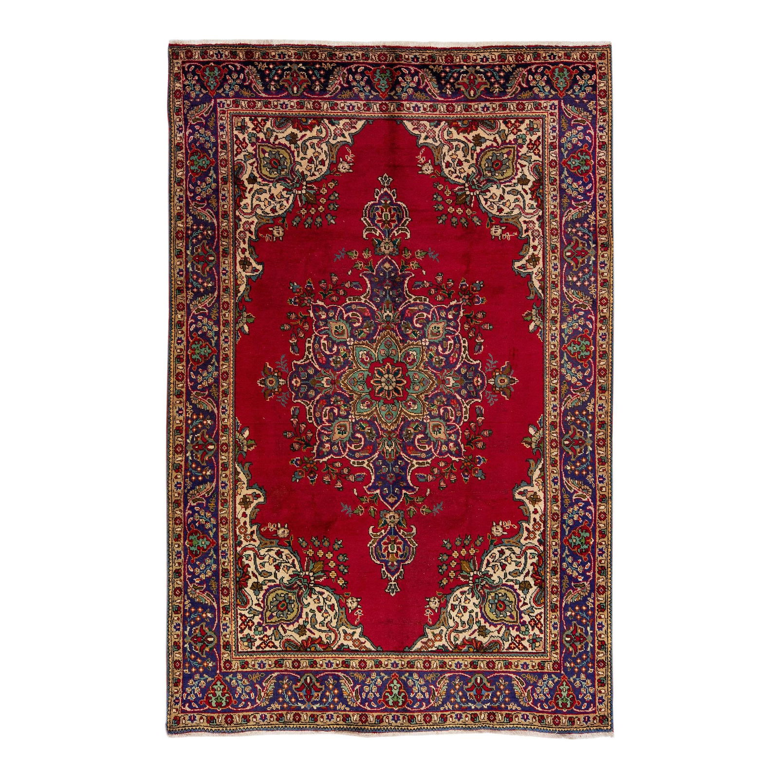 Vintage Persian Tabriz Red Wool Rug 6'6 x 10'1 Handmade Medallion: Vintage Persian Tabriz Red Wool Rug 6'6 x 10'1 Handmade Medallion Discover the elegance of this vintage Persian Tabriz rug, handcrafted from premium wool. Showcasing a vibrant red color field, it feat