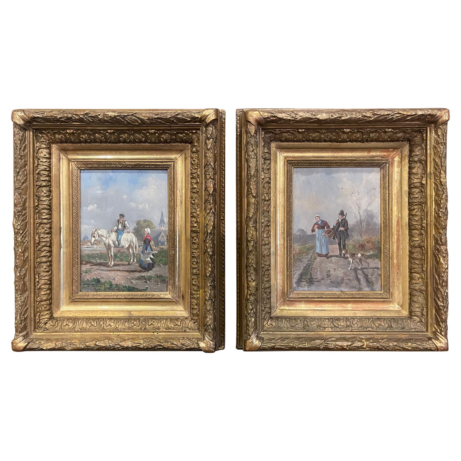 19th Century French Pastoral Paintings Set in Giltwood Frames: 19th Century French Pastoral Paintings Set in Giltwood Frames Enhance your office or study with this exquisite pair of 19th century French pastoral paintings, elegantly crafted circa 1870. Each painti