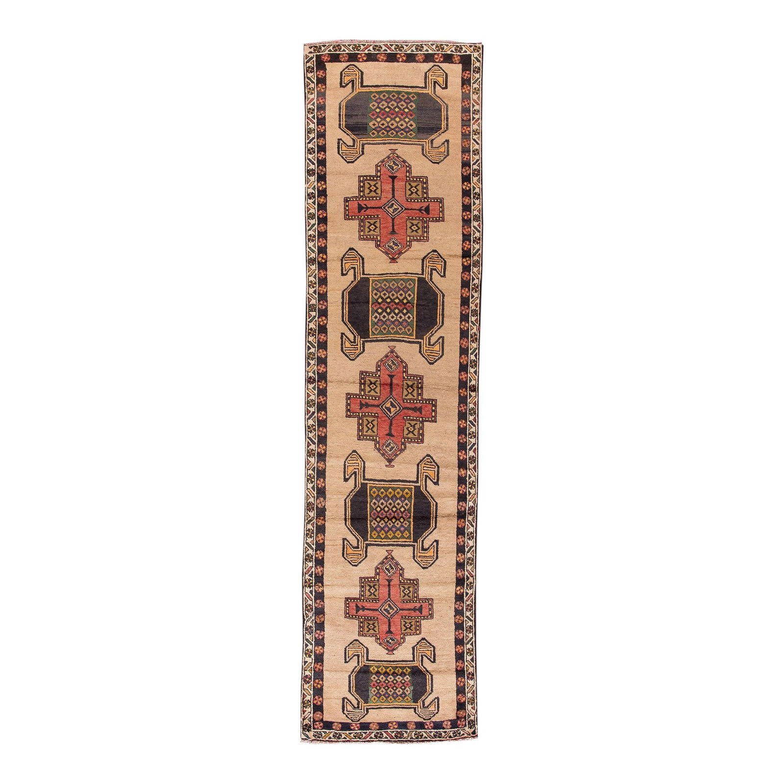 Vintage Persian Heriz Wool Runner 3'3 x 12'6 Beige Tribal Design: Vintage Persian Heriz Wool Runner 3'3 x 12'6 Beige Tribal Design This stunning vintage Persian Heriz runner showcases a beautifully hand-knotted wool construction featuring a beige field. The rug is a