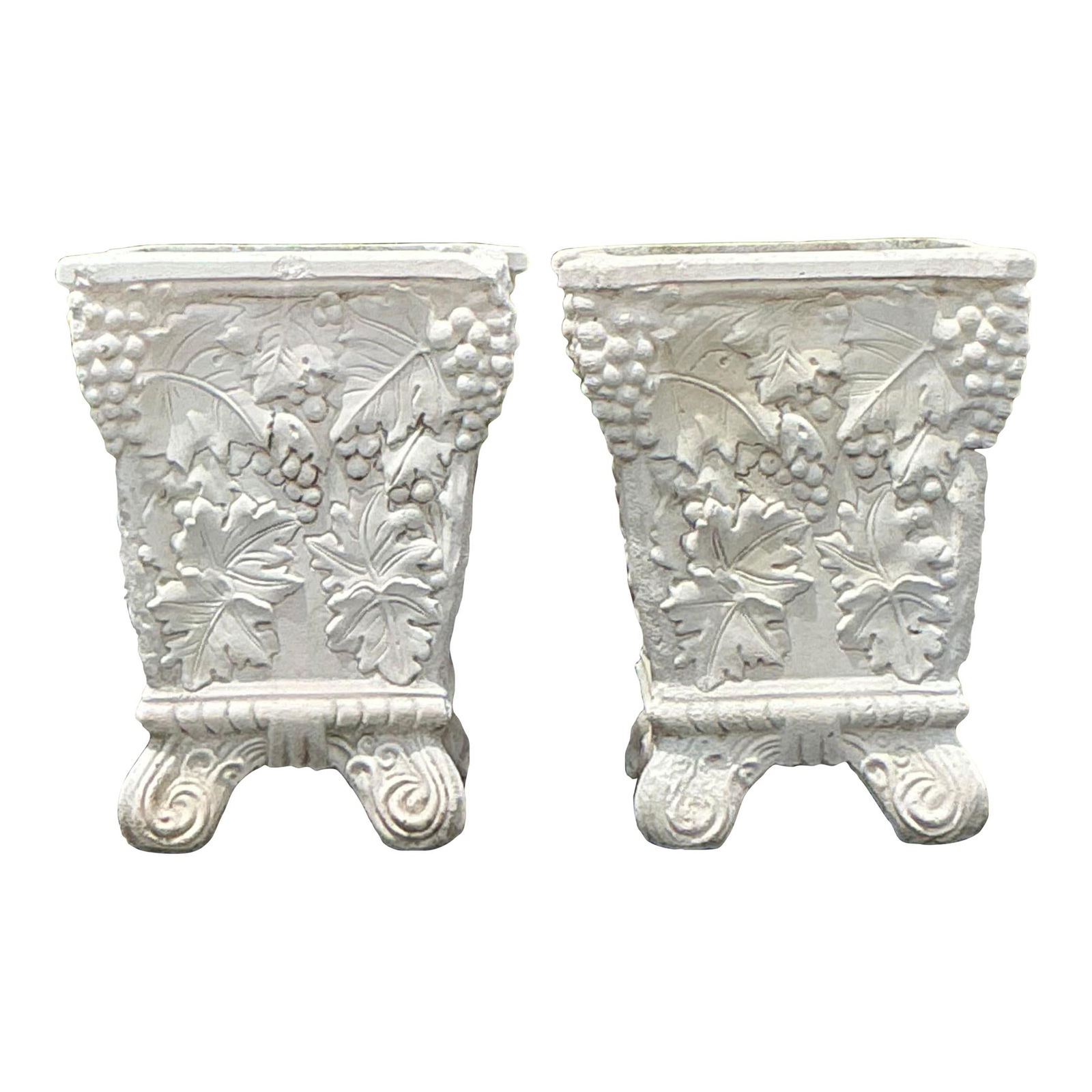 Vintage Boho Concrete Grape Vine Planters - Pair from Palm Beach Estate: Vintage Boho Concrete Grape Vine Planters - Pair from Palm Beach Estate Enhance your garden or patio with this charming pair of vintage Boho cast concrete grape vine planters. Each planter showcases i