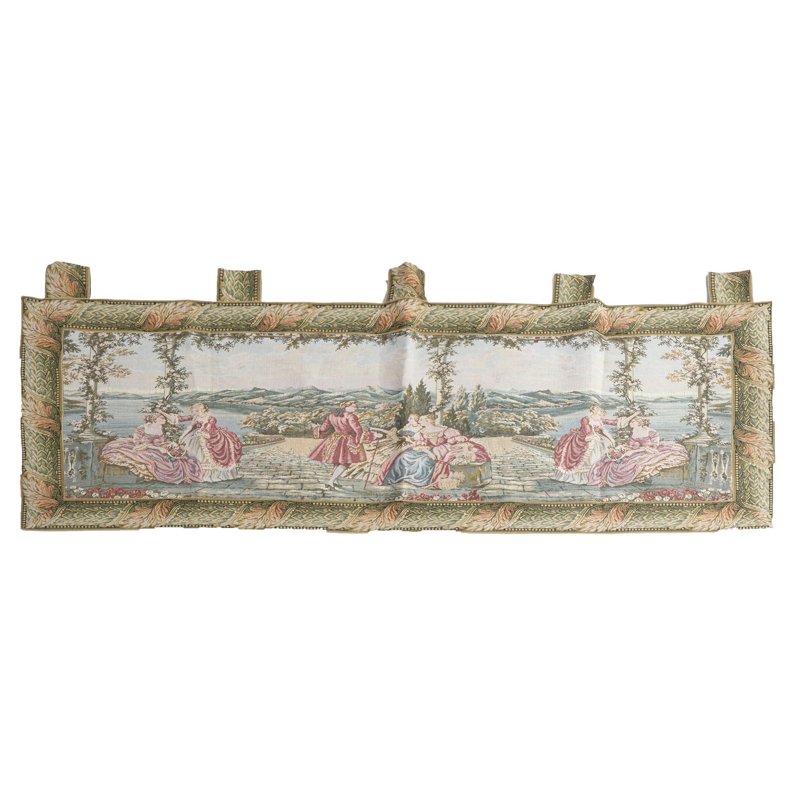 20th Century Greco-Roman Scenic Tapestry with Figures: 20th Century Greco-Roman Scenic Tapestry with Figures This contemporary Greco-Roman scenic courtyard wall tapestry is a stunning piece from the 20th century, measuring 40.25 in height and 82.25 in wid