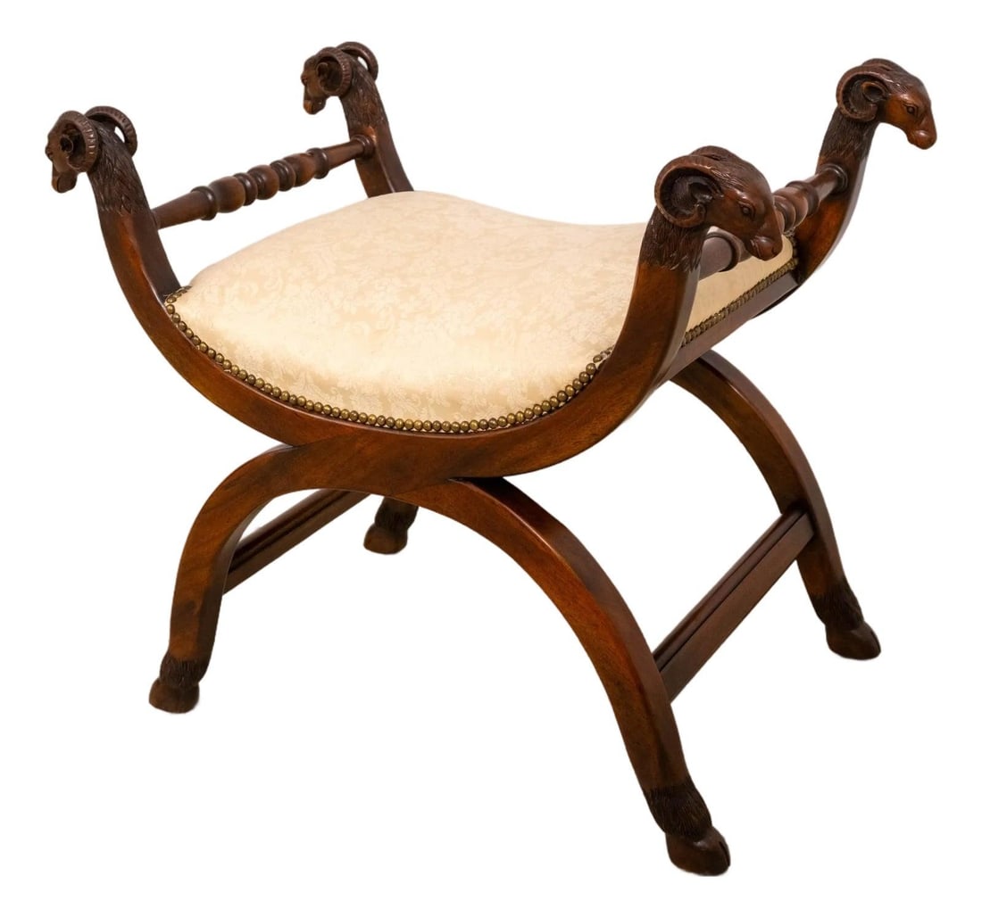 Theodore Alexander Regency Mahogany Bench with Rams Heads: Theodore Alexander Regency Mahogany Bench with Rams Heads This Theodore Alexander Rams Head Regency Mahogany Bench is a stunning piece that combines elegance and craftsmanship. With its exquisite off-