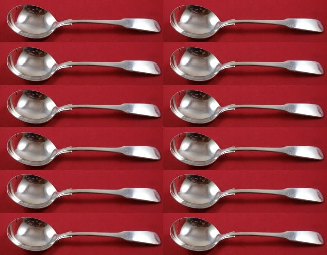 Gorham Old English Tipt Sterling Silver Cream Soup Spoon Set 12 pcs 6 1/4": Gorham Old English Tipt Sterling Silver Cream Soup Spoon Set 12 pcs 6 1/4" This exquisite 12-piece set of cream soup spoons features the elegant Old English Tipt pattern by Gorham, crafted from high-q