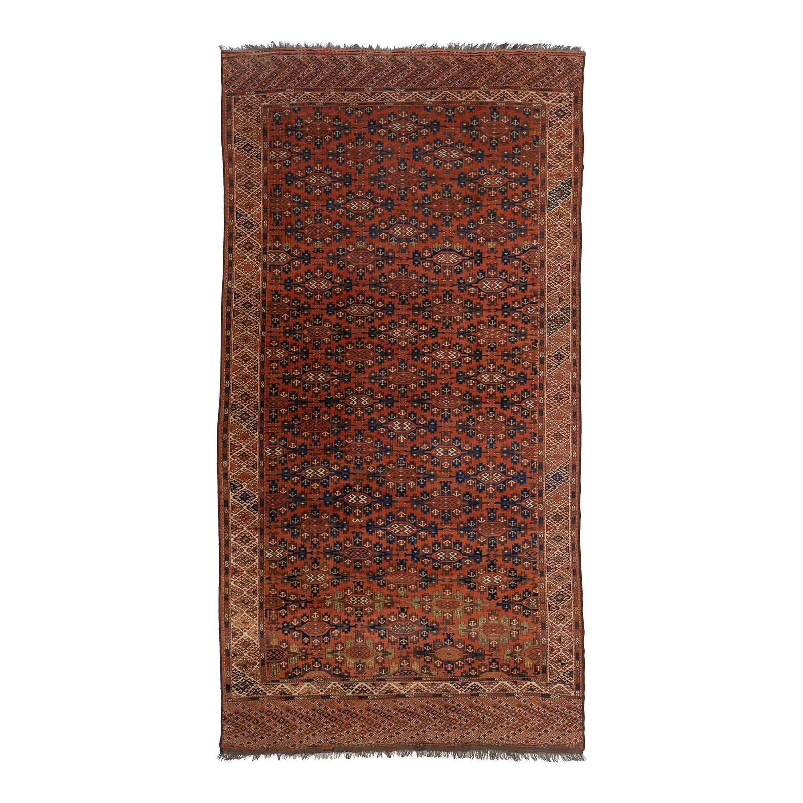 Antique Afghan Yamoud Wool Rug 7' x 13'7' Rust Geometric Design: Antique Afghan Yamoud Wool Rug 7' x 13'7' Rust Geometric Design Enhance your space with this exquisite handmade antique Afghan Yamoud wool rug, featuring a striking rust-red hue complemented by an all