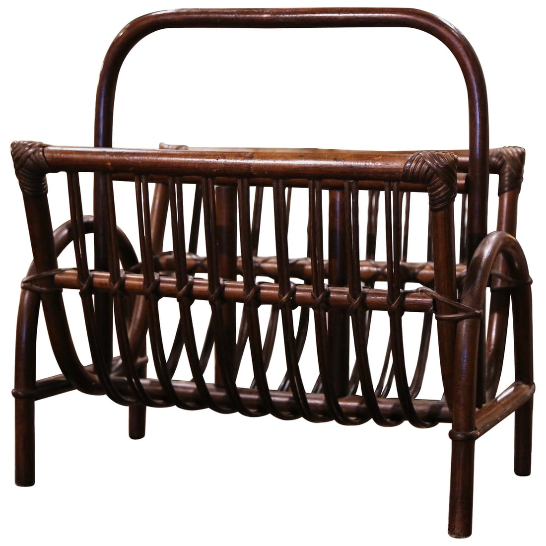French Mid-Century Bamboo and Rattan Magazine Holder with Bentwood Details: French Mid-Century Bamboo and Rattan Magazine Holder with Bentwood Details This mid-century French magazine rack, crafted circa 1950, features a distinctive bent bamboo and rattan construction. Hand-c