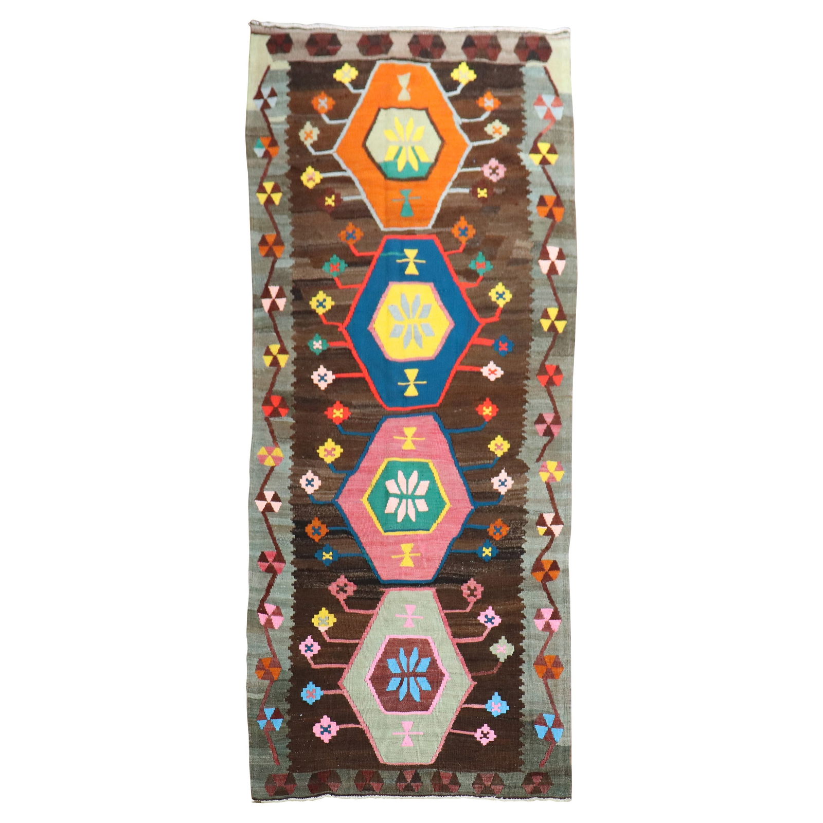 Vibrant Navajo Turkish Kilim Runner Wool Hand-Knotted 3'8" x 9'3": Vibrant Navajo Turkish Kilim Runner Wool Hand-Knotted 3'8" x 9'3" This stunning Turkish Kilim Runner showcases a beautiful Navajo style, perfect for adding a touch of tribal elegance to any space. Cra