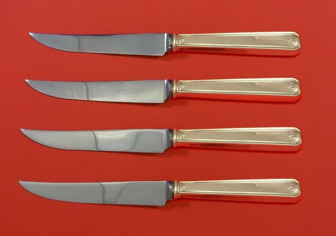 Whiting Lady Baltimore Sterling Silver Steak Knife Set 4pc Custom Made: Whiting Lady Baltimore Sterling Silver Steak Knife Set 4pc Custom Made This exquisite 4-piece steak knife set features the elegant Lady Baltimore pattern by Whiting. Crafted from high-quality sterling