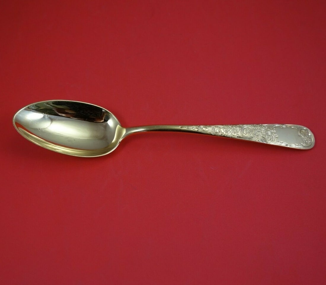Kirk Old Maryland Engraved Vermeil Sterling Silver Serving Spoon Gold Wash 8 3/8": Kirk Old Maryland Engraved Vermeil Sterling Silver Serving Spoon Gold Wash 8 3/8" This exquisite serving spoon features the Old Maryland Engraved Vermeil pattern by Kirk, crafted from high-quality ste