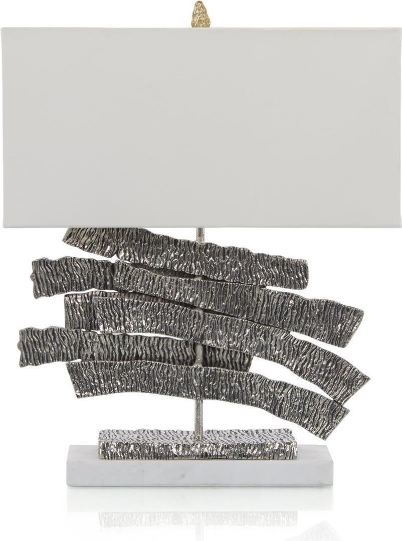 John-Richard Contemporary Nickel Crinkle Swoosh Table Lamp: John-Richard Contemporary Nickel Crinkle Swoosh Table Lamp Illuminate your space with this stunning Contemporary Nickel Swoosh Table Lamp, designed to enhance any room with its modern flair. This lamp