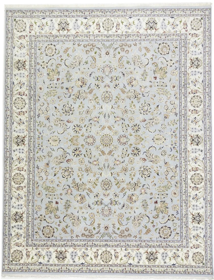 8'0 x 10'2 Wool Floral Indo-Nain Hand-Knotted Area Rug from India: 8'0 x 10'2 Wool Floral Indo-Nain Hand-Knotted Area Rug from India This handmade Indo-Nain Oriental rug features an allover floral design in shades of light blue-gray, cream, red, brown, green, tan, an
