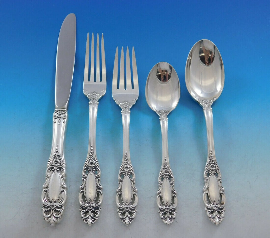 Towle Grand Duchess Sterling Silver Flatware Set for 8 with 46 Pieces: Towle Grand Duchess Sterling Silver Flatware Set for 8 with 46 Pieces Experience the elegance of the Grand Duchess Sterling Silver Flatware Set by Towle, designed to serve 8 with a total of 46 exquisi