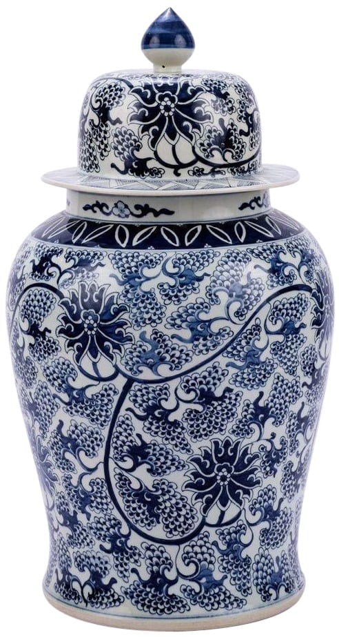 XL Handmade Blue White Porcelain Temple Jar Peacock Lotus 34H: XL Handmade Blue White Porcelain Temple Jar Peacock Lotus 34H This exquisite XL Blue & White Porcelain Temple Jar is a stunning addition to any decor. Standing at 34 inches tall with a wide 20-inch di