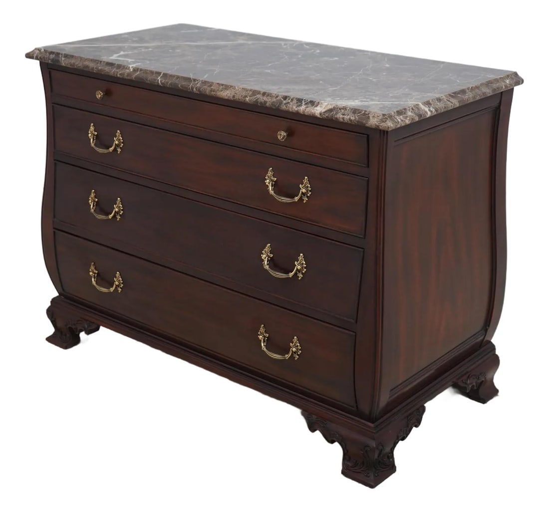 Henkel Harris Mahogany Bombe Chest with Marble Top: Henkel Harris Mahogany Bombe Chest with Marble Top This Henkel Harris Bombe Chest features a stunning marble top and is constructed from high-quality mahogany, showcasing traditional craftsmanship. De