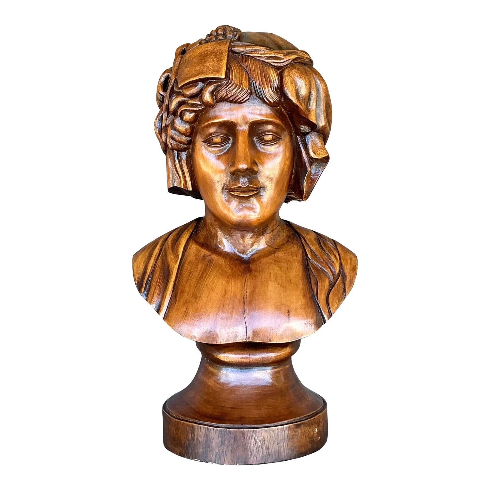 Vintage Boho Carved Wood Bust Sculpture 30in Chocolate: Vintage Boho Carved Wood Bust Sculpture 30in Chocolate Discover the charm of the past with this Vintage Boho Monumental Carved Wood Bust of a Woman. This exquisite sculpture showcases remarkable craft