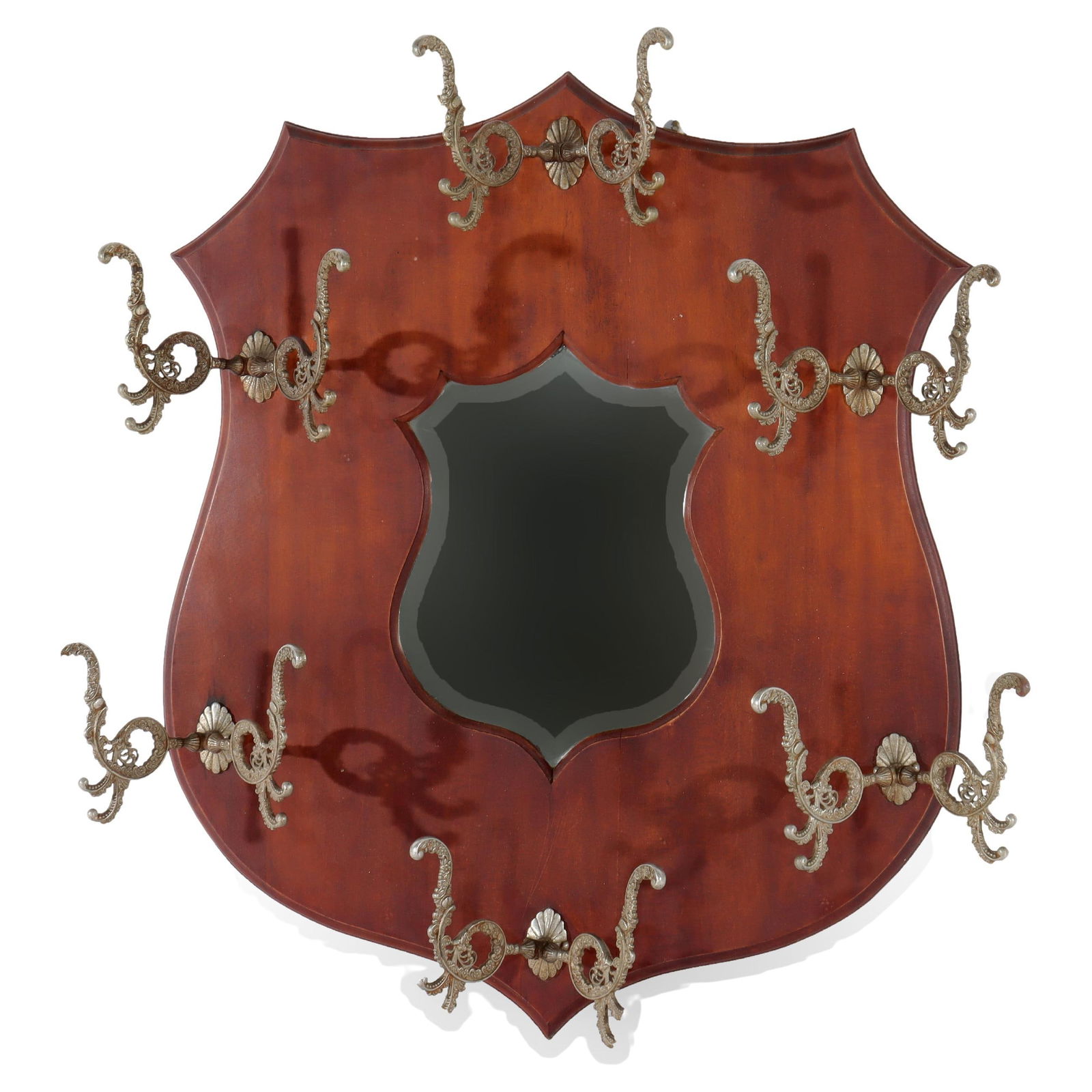 Vintage Shield Shaped Walnut Hat Rack with Mirror and Six Hooks (1 of 7)