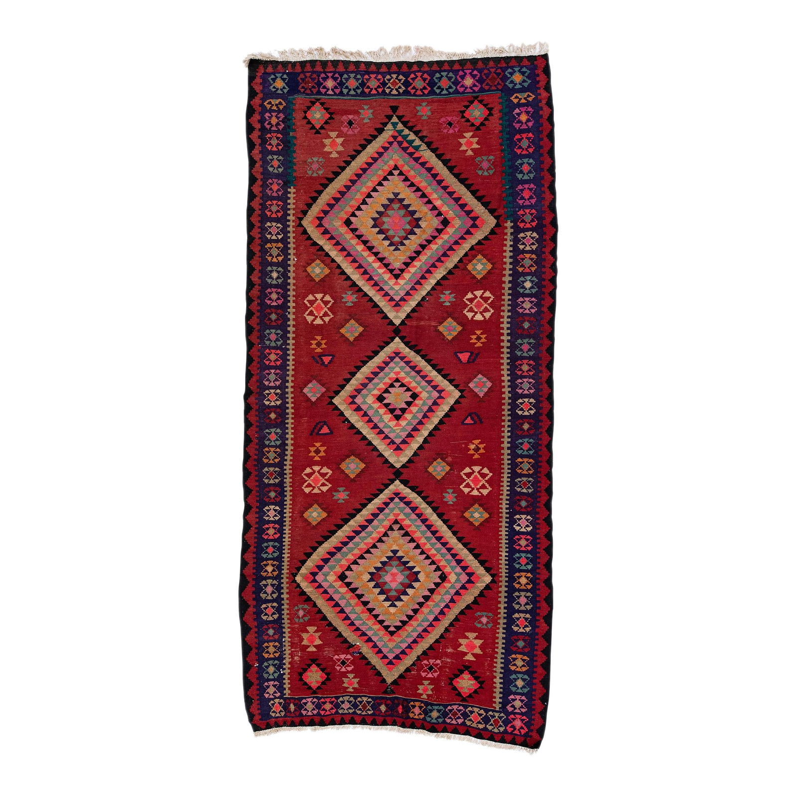 Mid-Century Turkish Kilim Ruby Red Wool Rug 4'11 x 10'3: Mid-Century Turkish Kilim Ruby Red Wool Rug 4'11 x 10'3 This exquisite vintage Turkish Kilim is a hand-knotted wool rug featuring a striking ruby red field. It is elegantly framed in navy blue and ado