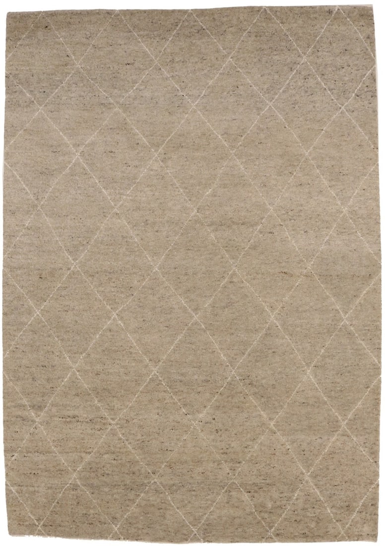 Handmade Moroccan Geometric Wool Area Rug 6'3" x 8'10" Modern Design: Handmade Moroccan Geometric Wool Area Rug 6'3" x 8'10" Modern Design This Handmade Moroccan Oriental Rug features a khaki and beige geometric design, adding a modern touch to your decor. Measuring 6'3
