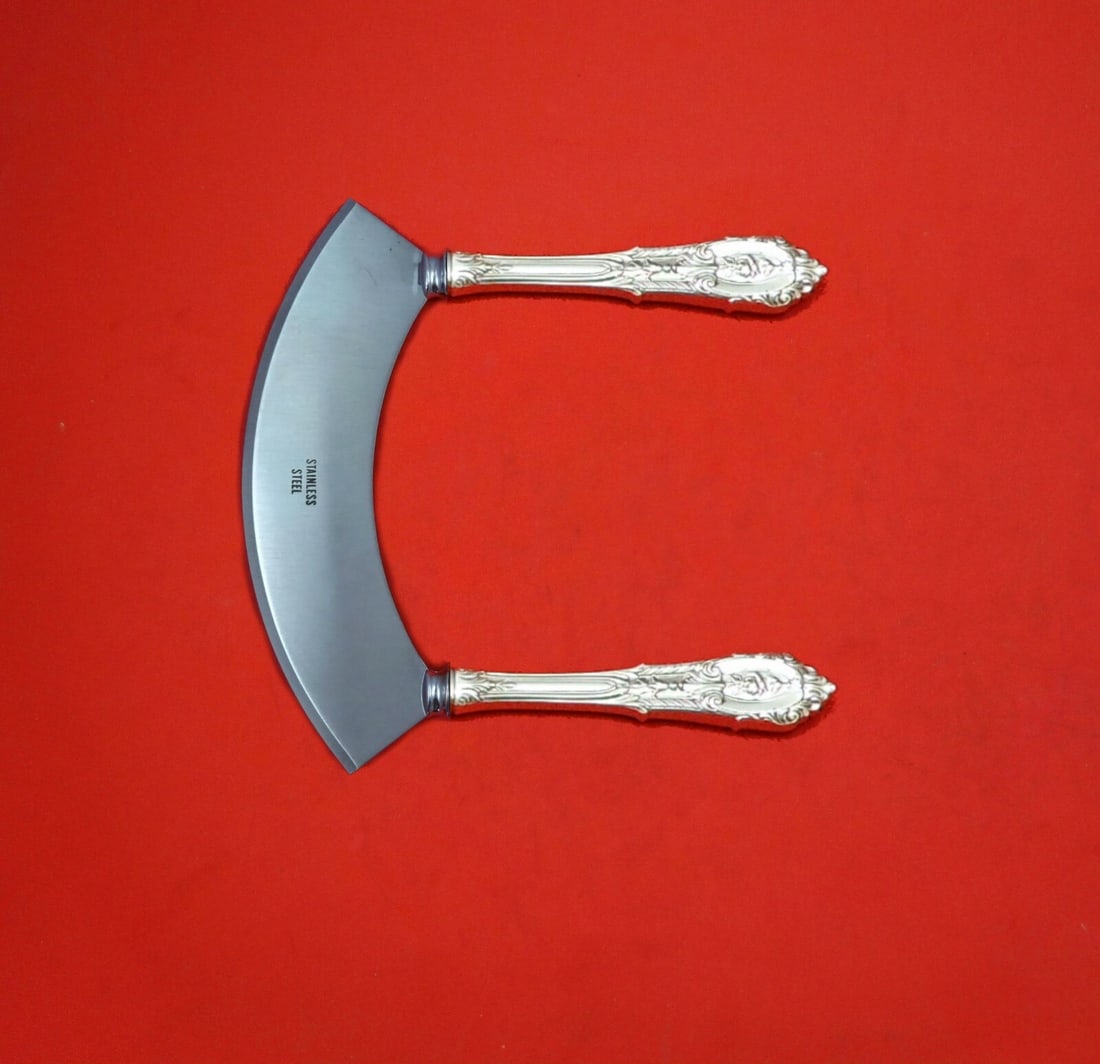 Wallace Rose Point Sterling Silver Mezzaluna Knife Custom Made 6 1/4": Wallace Rose Point Sterling Silver Mezzaluna Knife Custom Made 6 1/4" Introducing the Rose Point Mezzaluna Knife by Wallace, a stunning custom-made kitchen tool crafted from sterling silver with hollo