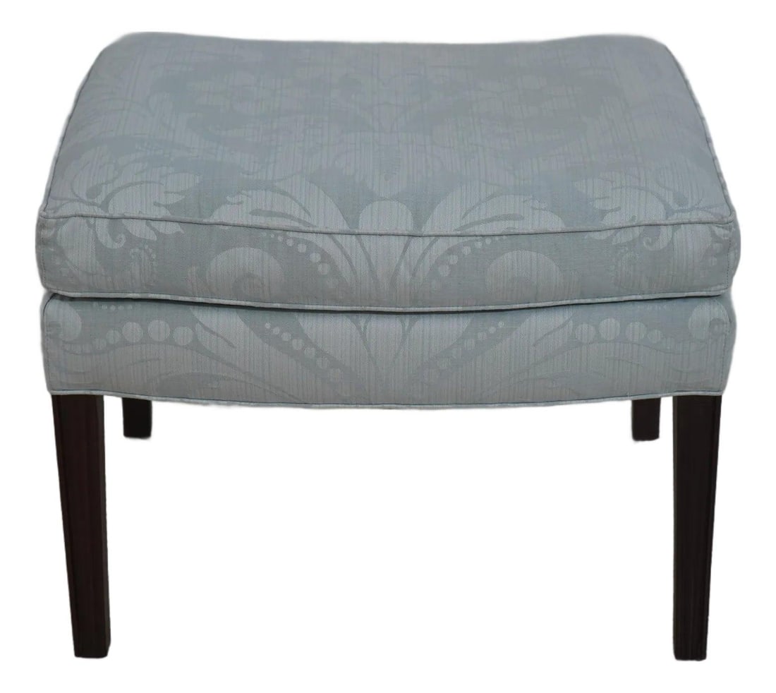 Mahogany Ottoman with Fluted Legs and Blue Green Damask Upholstery: Mahogany Ottoman with Fluted Legs and Blue Green Damask Upholstery This ottoman features a Colonial Williamsburg Chippendale-inspired design with high-quality construction from Stickley. It is upholst