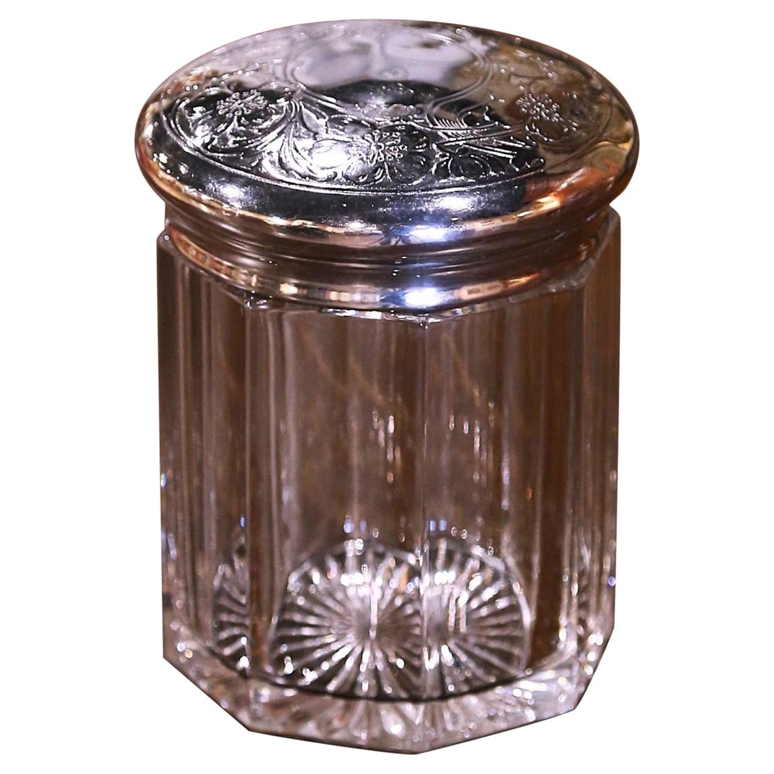 Vintage Early 20th Century French Glass Candy Jar with Etched Silver Lid: Vintage Early 20th Century French Glass Candy Jar with Etched Silver Lid Add a touch of historic glamour to your space with this exquisite early 20th-century French glass candy jar. Crafted circa 1920