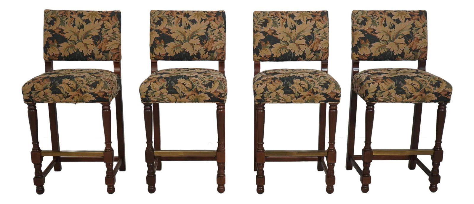 Set of 4 Charles Stewart Tapestry Bar Chairs with Brass Foot Rest: Set of 4 Charles Stewart Tapestry Bar Chairs with Brass Foot Rest Enhance your seating with this elegant set of 4 Charles Stewart Tapestry Upholstered Bar Chairs. Crafted approximately 20 years ago, t