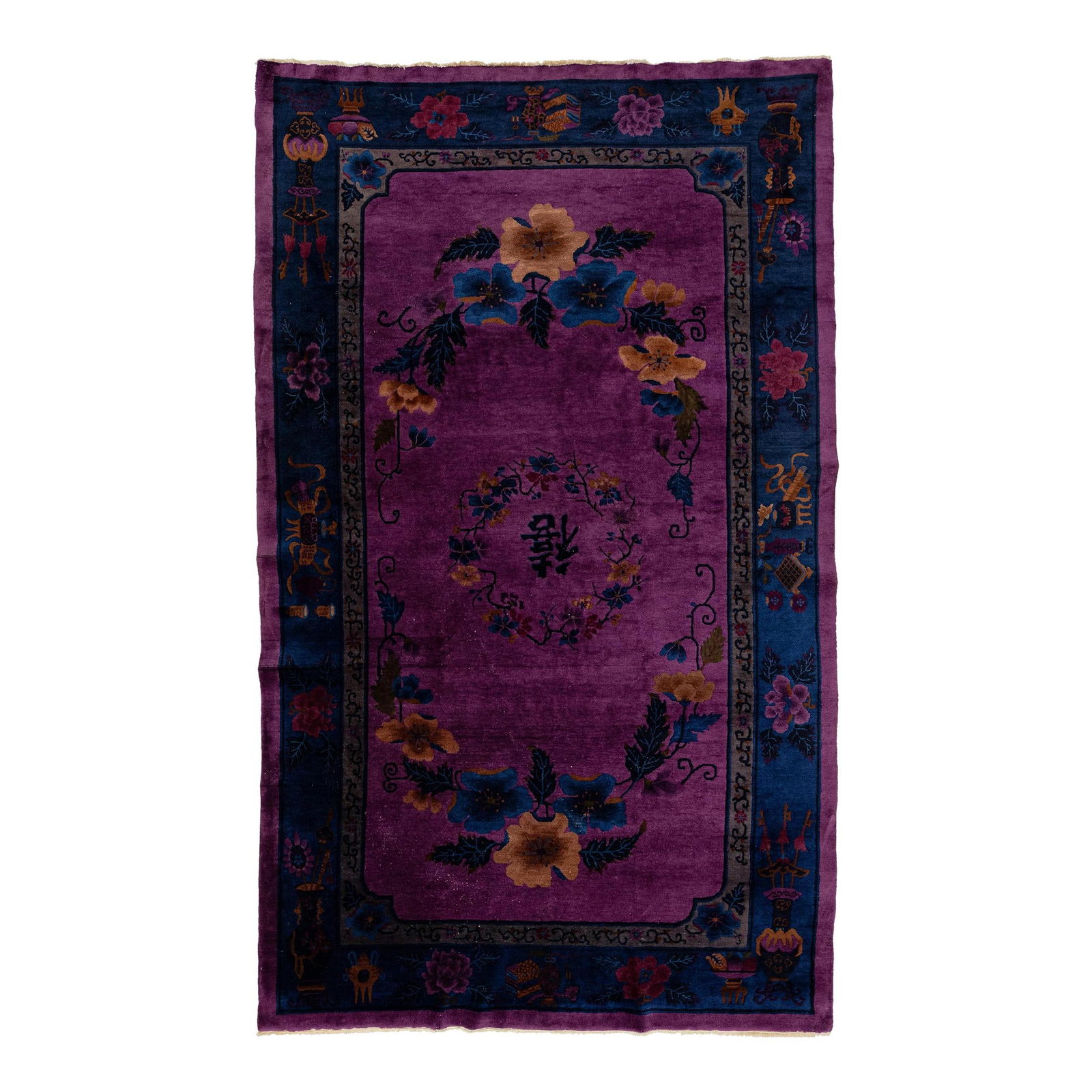 Purple Hand-Knotted Wool Rug Chinese Floral Design 6'11 x 11'5: Purple Hand-Knotted Wool Rug Chinese Floral Design 6'11 x 11'5 Enhance your decor with this exquisite hand-knotted wool rug, showcasing a vibrant purple field complemented by a rich navy blue border a