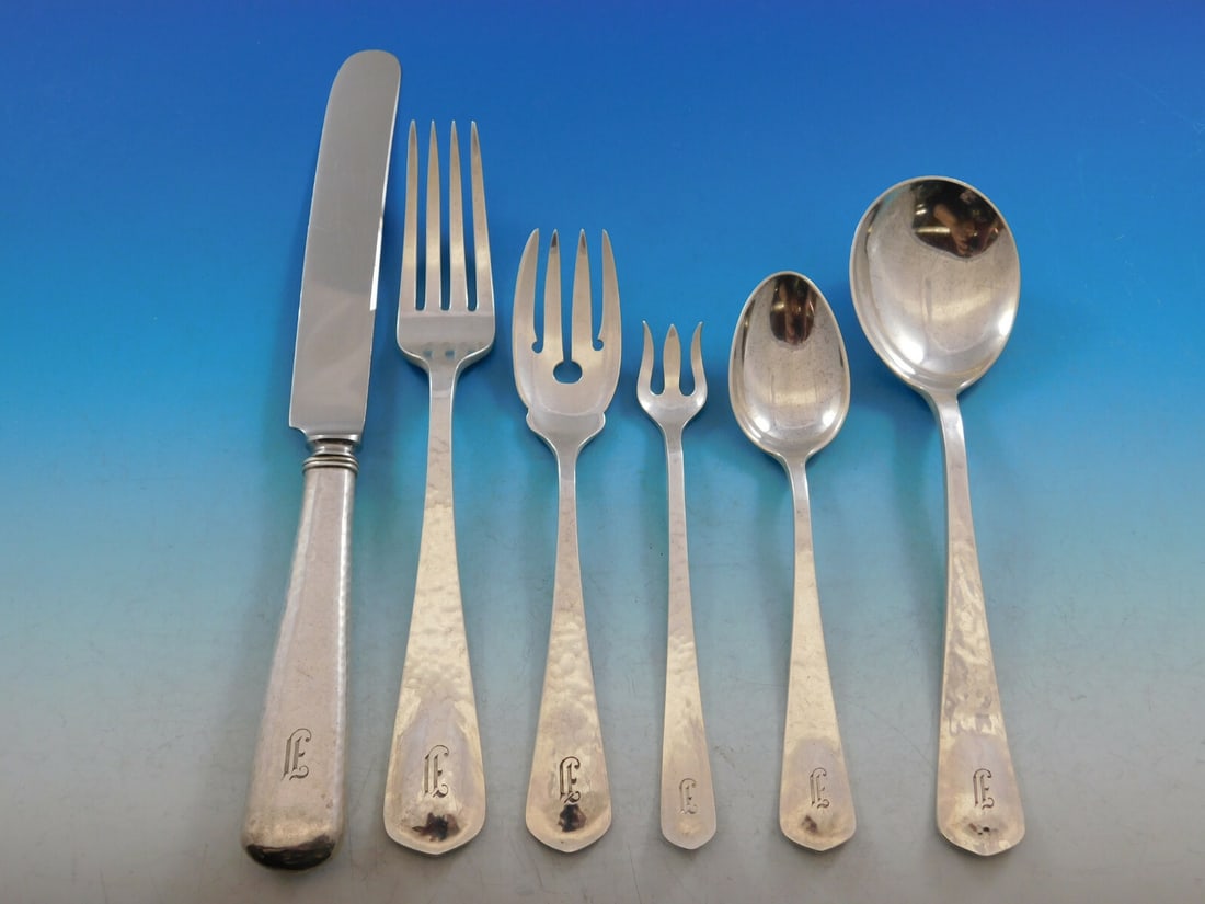 Lebolts Hand Wrought Sterling Silver Flatware Set 40 pc with J Monogram: Lebolts Hand Wrought Sterling Silver Flatware Set 40 pc with J Monogram This exquisite Lebolt Sterling Silver Flatware Set showcases the artistry of hand wrought craftsmanship from the Chicago period