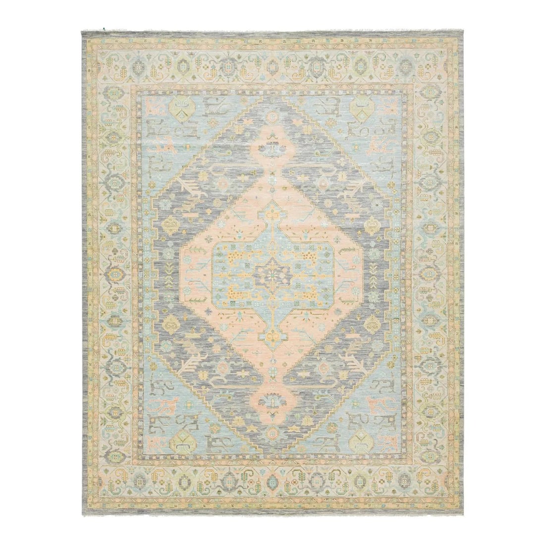 Handmade Oushak Style Wool Rug Peach Blue Medallion 12'2 x 15'5: Handmade Oushak Style Wool Rug Peach Blue Medallion 12'2 x 15'5 This modern handmade Oushak-style wool rug beautifully combines contemporary aesthetics with traditional craftsmanship. Featuring a stri