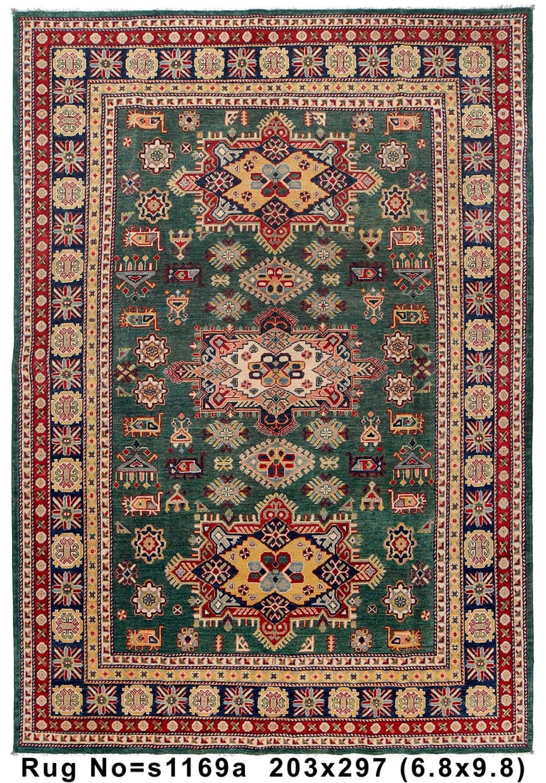 Handmade Kazak Rug 6.8 x 9.9 Feet Green Exquisite Design: Handmade Kazak Rug 6.8 x 9.9 Feet Green Exquisite Design Free continental US Shipping This exquisite handmade Kazak rug features a vibrant green color and measures 6.8 x 9.9 feet. Its intricate design