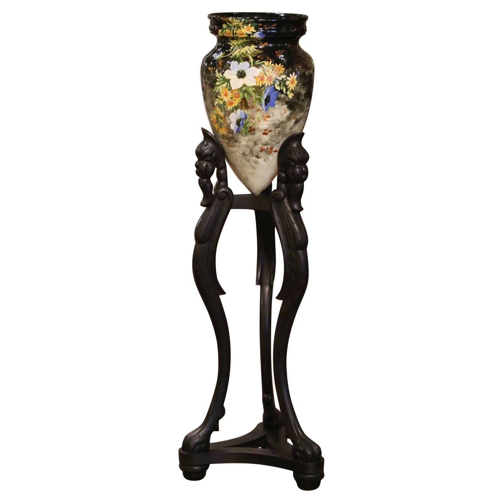 Mid-19th Century Hand Painted French Majolica Vase with Mahogany Stand: Mid-19th Century Hand Painted French Majolica Vase with Mahogany Stand This exquisite 19th Century French vase showcases a stunning hand-painted barbotine design, crafted in Montigny sur Loing around