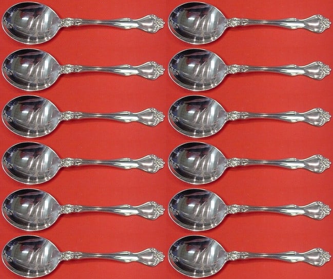 Westmorland George & Martha Sterling Silver Cream Soup Spoon Set 12 pcs: Westmorland George & Martha Sterling Silver Cream Soup Spoon Set 12 pcs This exquisite 12-piece set of cream soup spoons is crafted from high-quality sterling silver and features the classic George &