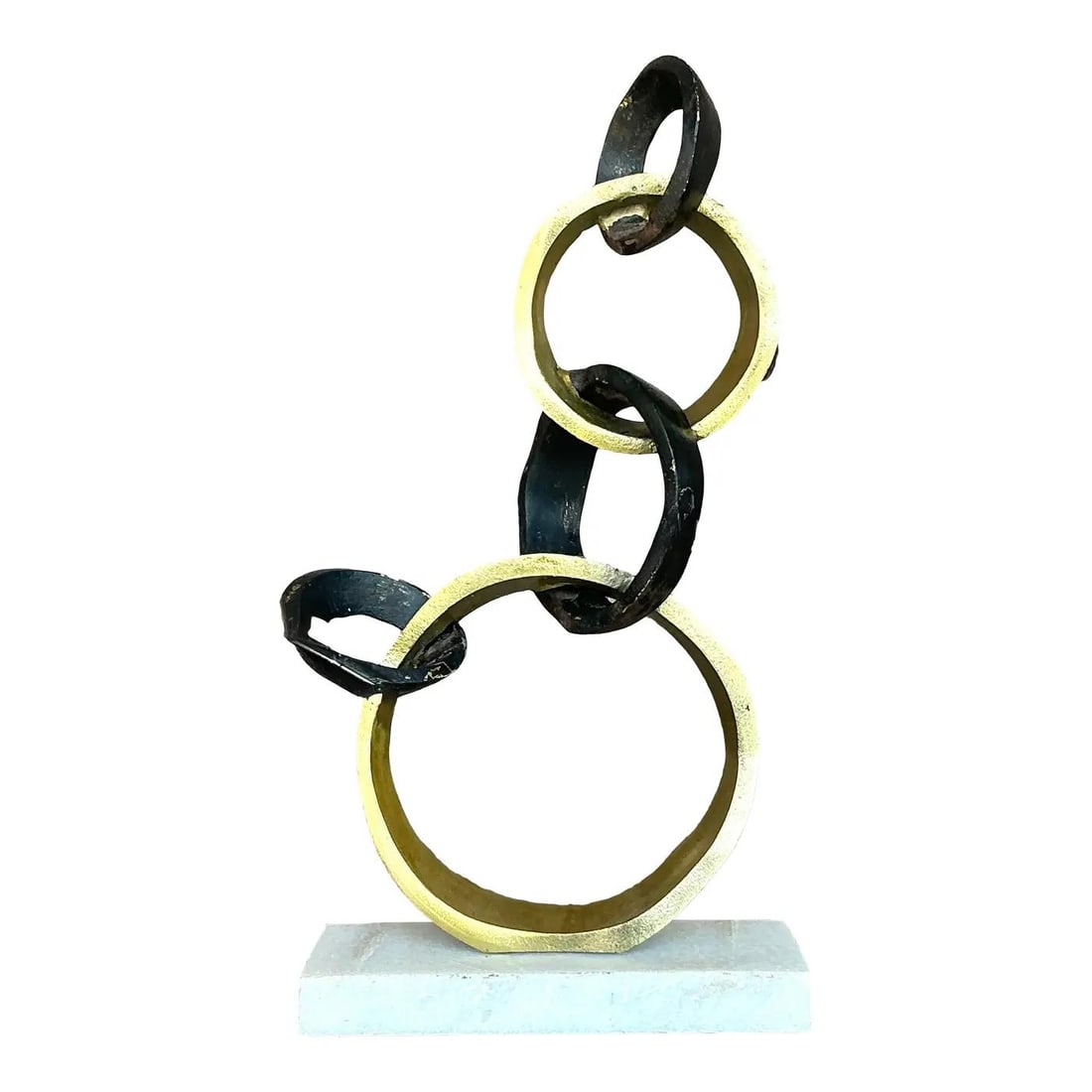 Vintage Boho Abstract Rings Sculpture Gold Metal Marble Base 15.5": Vintage Boho Abstract Rings Sculpture Gold Metal Marble Base 15.5" Enhance your living space with this captivating late 20th century vintage boho abstract sculpture, showcasing a rhythmic chain of int