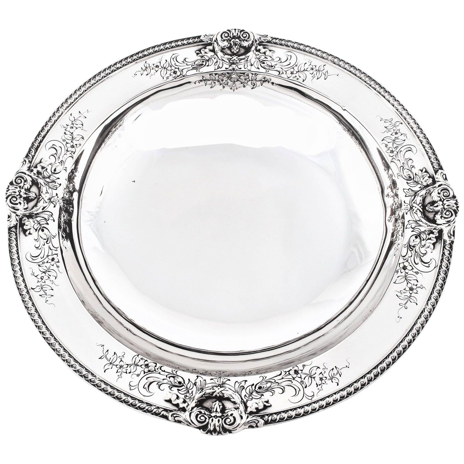 Vintage J.E. Caldwell Sterling Silver Bowl 10 in 1940s: Vintage J.E. Caldwell Sterling Silver Bowl 10 in 1940s This exquisite bowl from J.E. Caldwell & Co. showcases a stunning design, featuring a braid-like pattern encircling the rim. The bowl stands prou