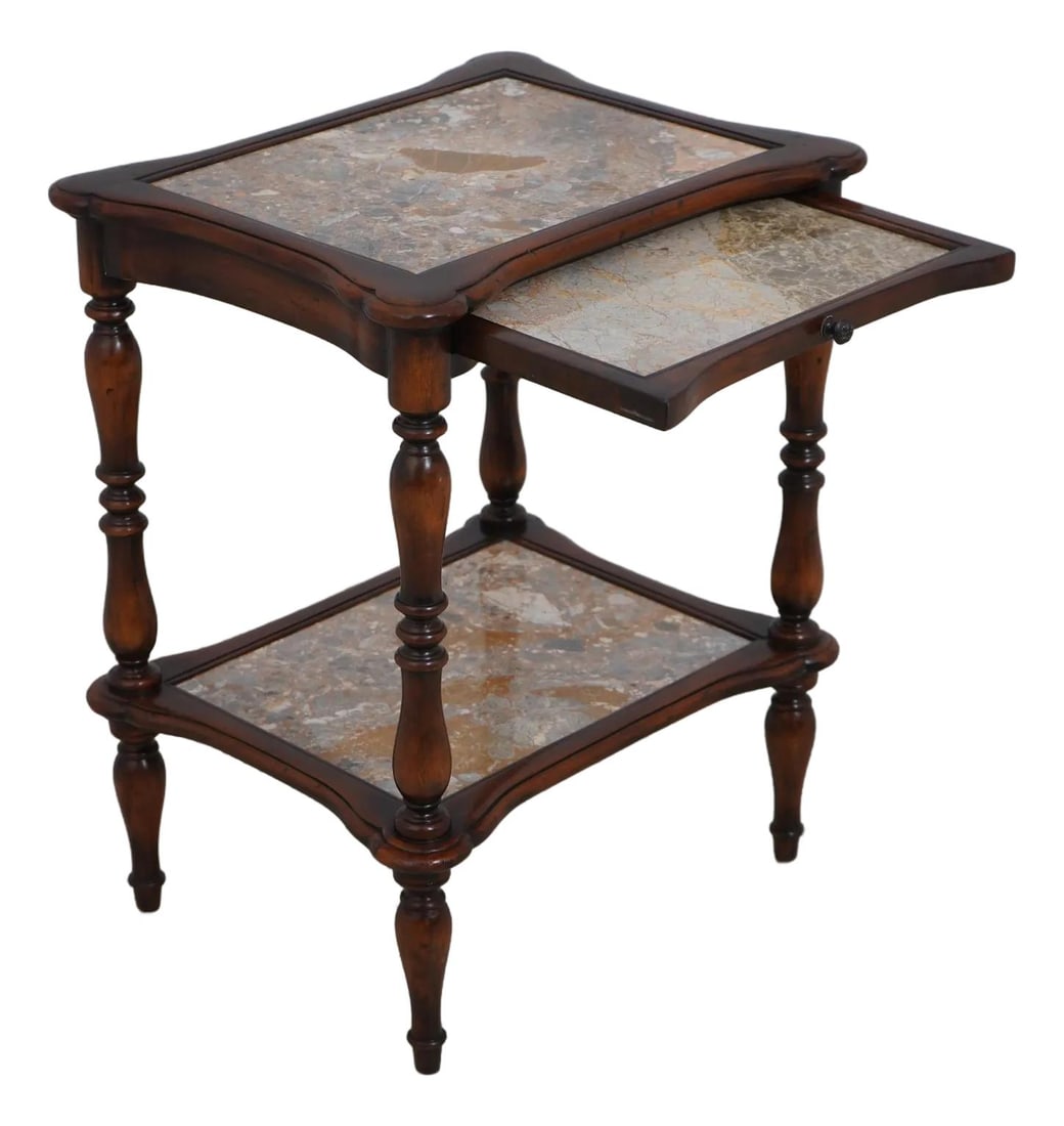 Theodore Alexander French Style 2 Tier Mahogany Marble Top Stand: Theodore Alexander French Style 2 Tier Mahogany Marble Top Stand This exquisite 2 Tier Mahogany Stand features a beautifully hand-carved design with a factory distressed finish that enhances its vinta