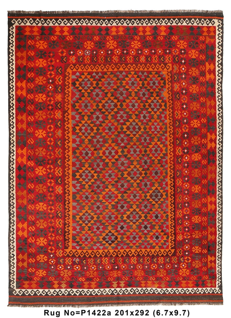 Handcrafted 6.7 x 9.7 Afghan Kilim Wool Rug with Geometric Patterns: Handcrafted 6.7 x 9.7 Afghan Kilim Wool Rug with Geometric Patterns Free continental US Shipping Enhance your living space with this stunning 6.7 x 9.7 Flat Weave Afghan Kilim Wool Rug, a perfect fusi