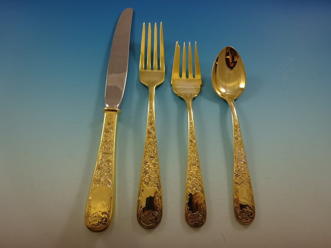 Kirk Old Maryland Engraved Vermeil Sterling Silver Flatware Set 32 Pieces: Kirk Old Maryland Engraved Vermeil Sterling Silver Flatware Set 32 Pieces Elevate your dining experience with this exquisite Old Maryland Engraved Flatware Set by Kirk, crafted from high-quality sterl