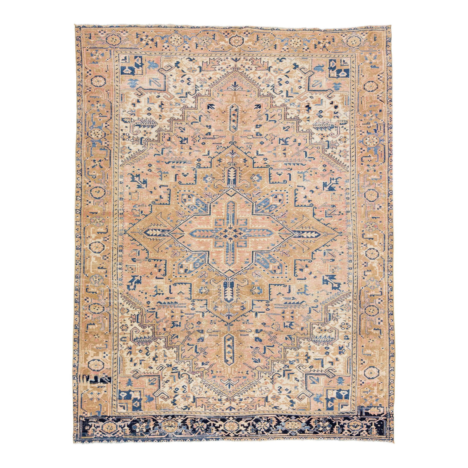 1920s Handmade Antique Heriz Wool Rug Peach Medallion Design 7.11 x 10.4: 1920s Handmade Antique Heriz Wool Rug Peach Medallion Design 7.11 x 10.4 Discover the timeless elegance of this stunning 1920s Handmade Antique Heriz Rug. Featuring an intricate all-over geometric med