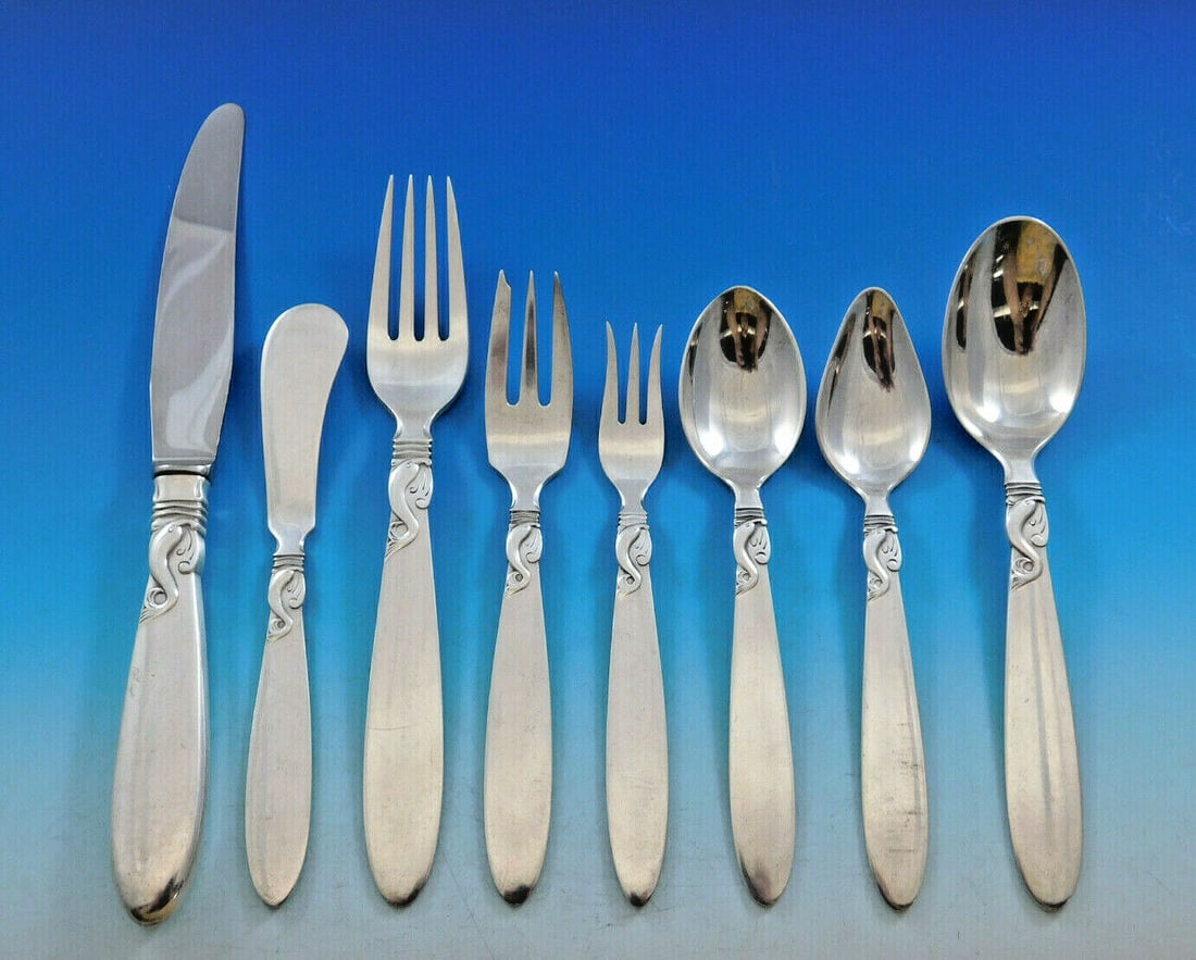 Frigast Denmark Dolphin Sterling Silver Flatware Set 85 Pieces for 10: Frigast Denmark Dolphin Sterling Silver Flatware Set 85 Pieces for 10 Introducing a stunning Sterling Silver Flatware Service for 10 by Frigast Denmark, featuring the exquisite Dolphin pattern. This p