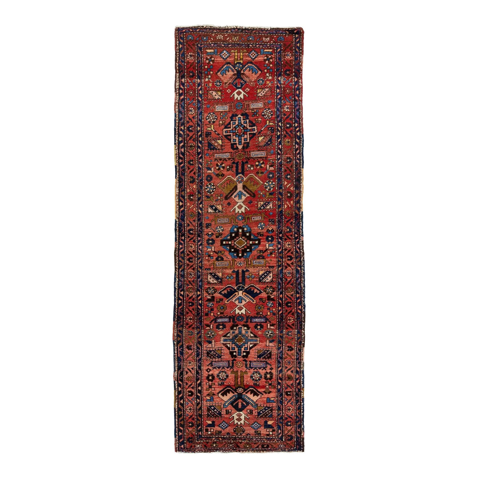 Vintage Persian Hand-Knotted Heriz Wool Runner Red 3'1 x 10'3: Vintage Persian Hand-Knotted Heriz Wool Runner Red 3'1 x 10'3 Add a touch of elegance to your space with this vintage Persian hand-knotted Heriz runner. Featuring a vibrant red field adorned with mult