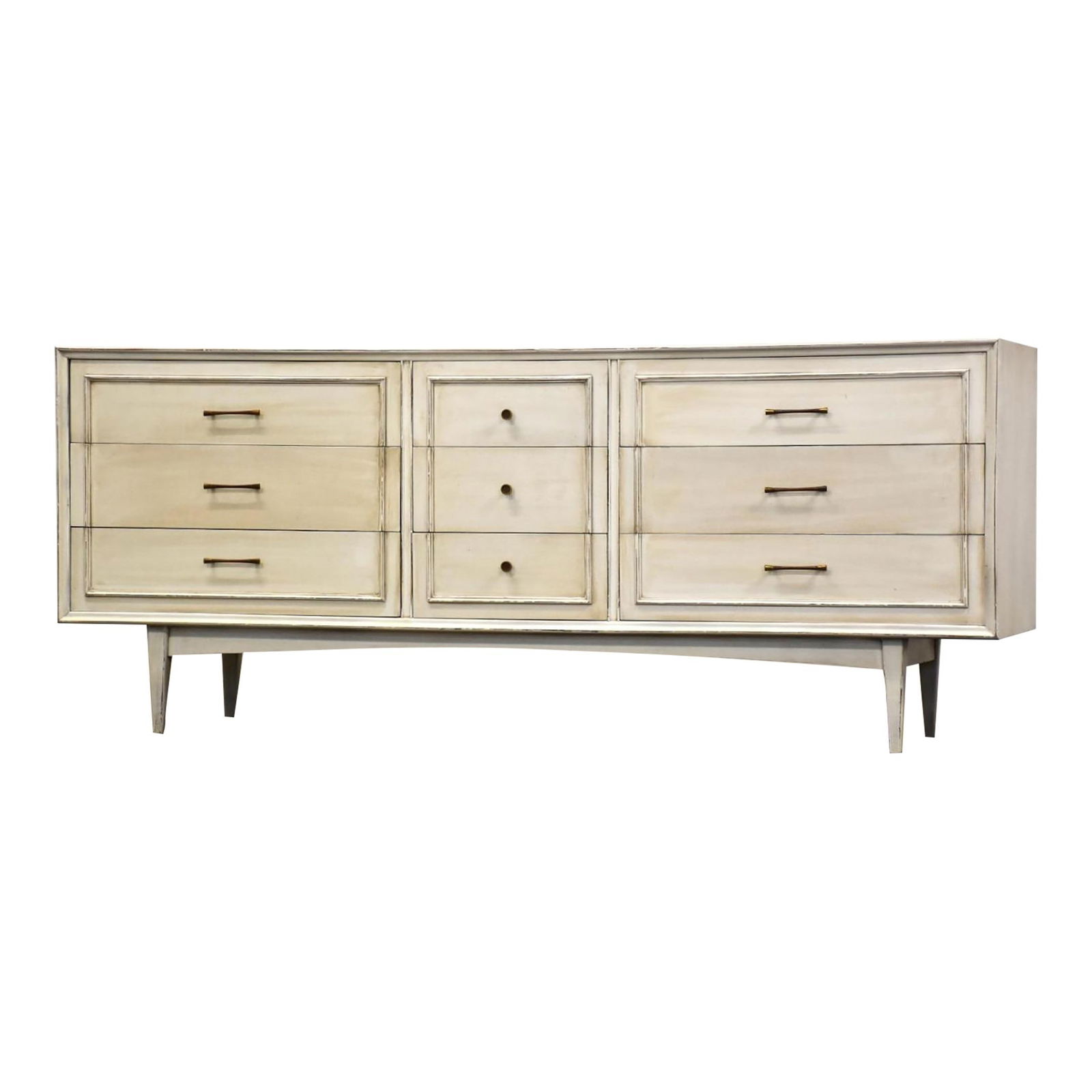 1960s Bassett White Distressed Chic Modern Dresser 9 Drawers: 1960s Bassett White Distressed Chic Modern Dresser 9 Drawers This exquisite 1960s White Chic Modern Dresser by Bassett showcases a mid-century modern design with a charming shabby chic appeal. Featuri