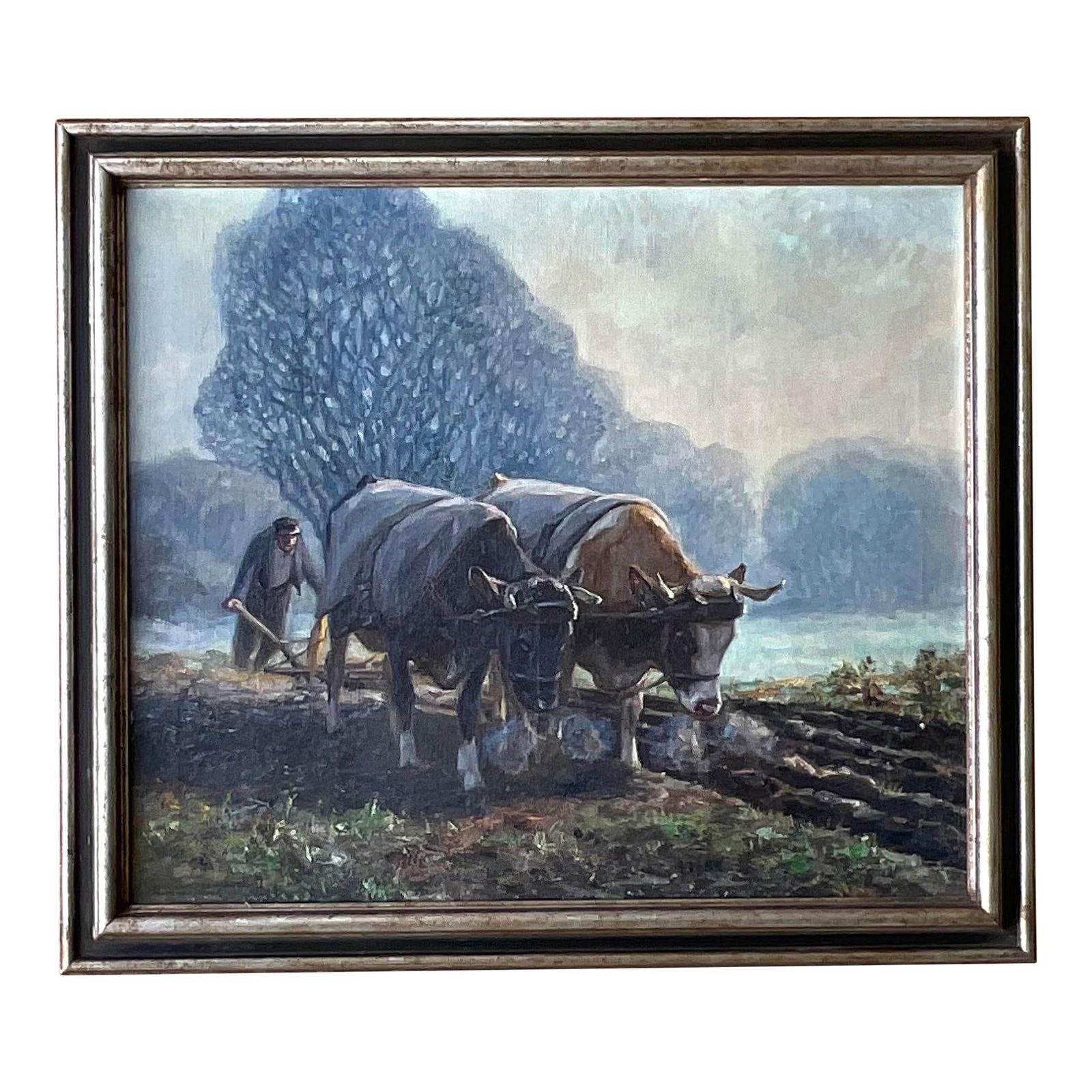 Eugen Osswald Vintage Boho Oil Painting with Bulls 32x28: Eugen Osswald Vintage Boho Oil Painting with Bulls 32x28 Discover this stunning vintage Boho original oil painting on canvas by the acclaimed artist Eugen Osswald. This masterful composition features