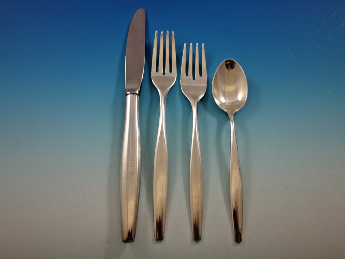Kirk Signet Sterling Silver Flatware Set 55 pcs Mid-Century Modern for 12: Kirk Signet Sterling Silver Flatware Set 55 pcs Mid-Century Modern for 12 Discover the elegance of the Signet by Kirk Sterling Silver Flatware Set, featuring 55 pieces crafted in a striking Mid-Centur