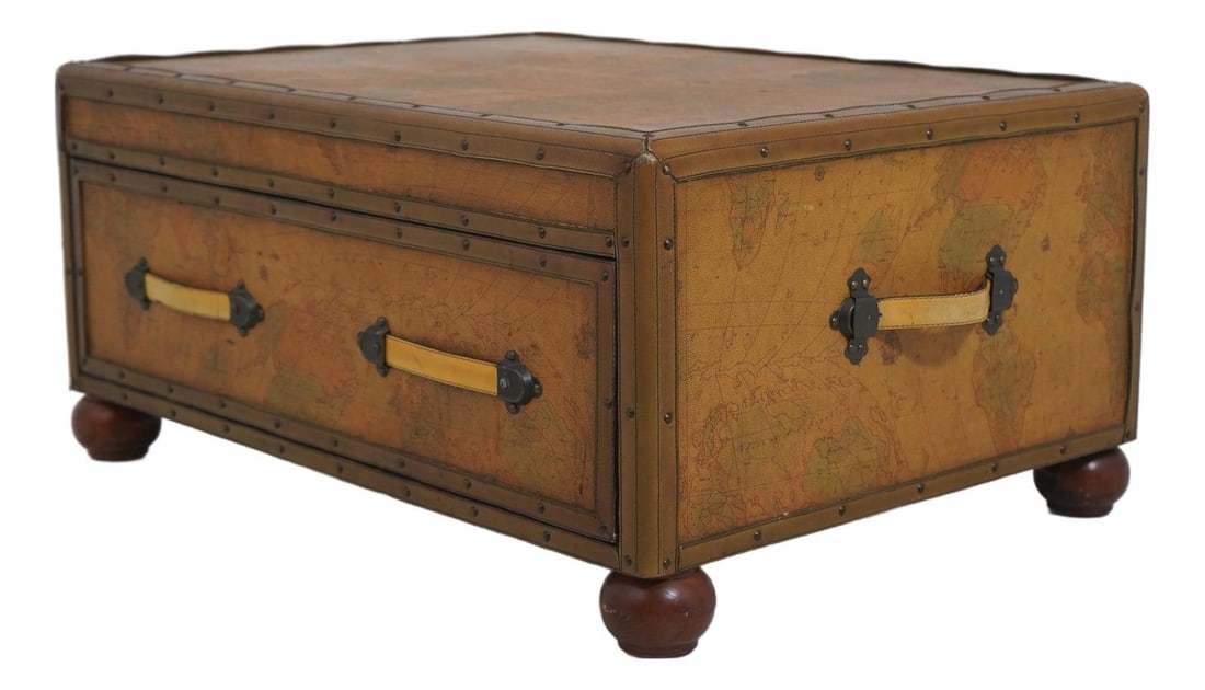 Brown Leather and Canvas Coffee Table with Drawer and Bun Feet: Brown Leather and Canvas Coffee Table with Drawer and Bun Feet This coffee table features a canvas surface accented with leather trim and handles, offering a sophisticated look. It includes one drawer